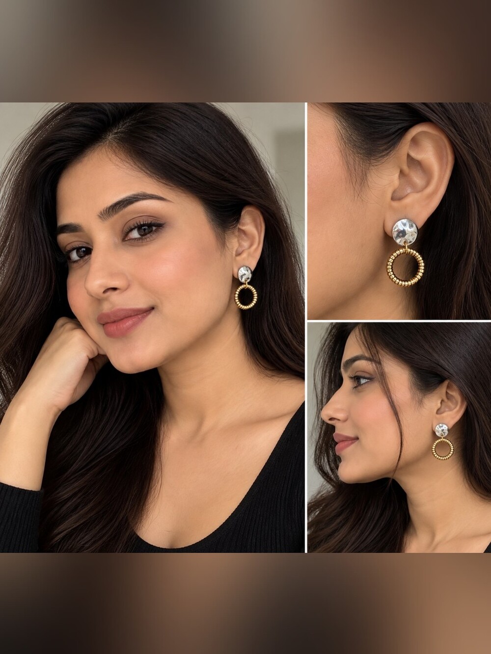 Gold Hoop Beaded Drop Earrings with Silver Stud - Women Jewelry